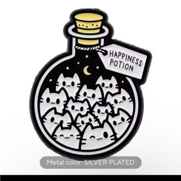 3/20 Happiness Potion Cat Enamel Pin - Black and White - Picture 1 of 1
